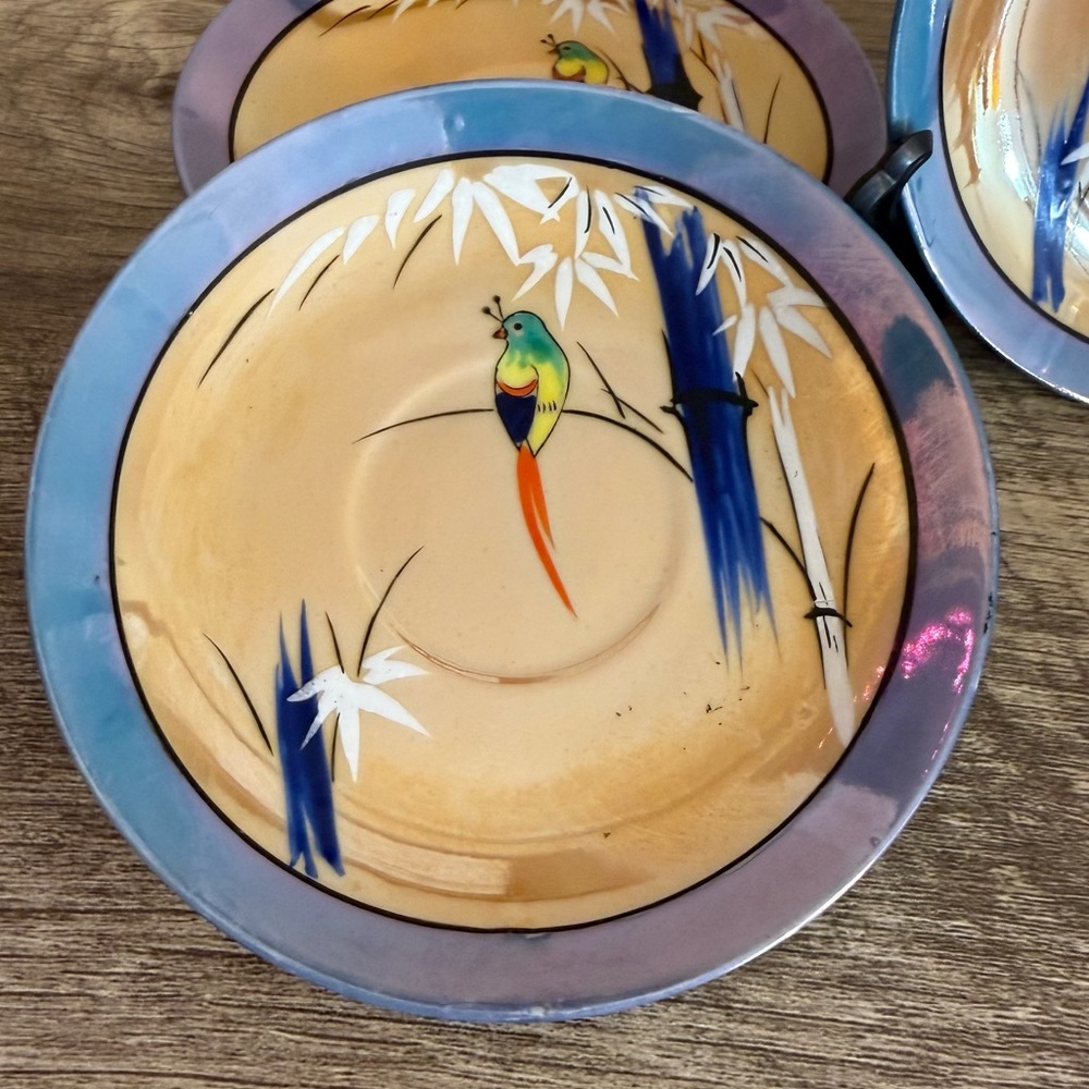 Antique Set of 5 Nippon Lusterware Saucers Plates 5” Hand Painted Bird Japan - Picture 2 of 9
